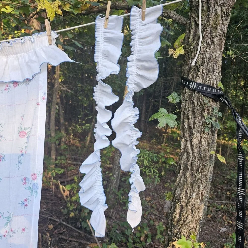 Vintage White Floral Ruffled Curtain Panels Pink & Blue Cottagecore Grannycore